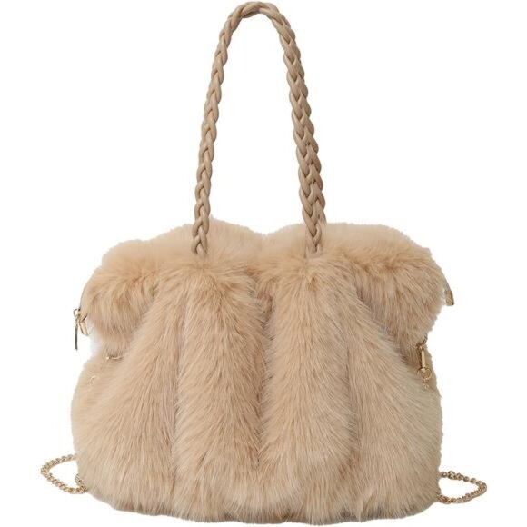 Furry Purse Winter Fluffy Bags Beige - Picture 1 of 4
